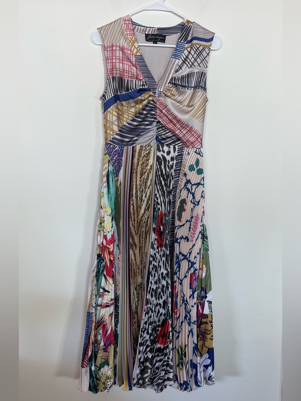 Anthropologie Geisha Designs Jacinta Pleated Satin Patchwork Print Midi Size 4 - Picture 4 of 11